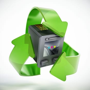 Inkjet printer spare cartridges in recycle symbol. 3D illustration.