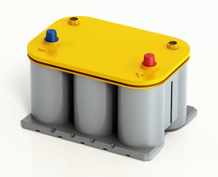 Generic modern car battery isolated on white background. 3D illustration.