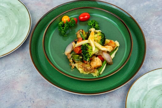 Savoury meat pie with brussels sprouts, pumpkin and broccoli. Autumn recipe.