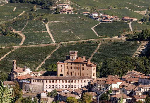 The town of Barolo, with the Falletti castle, surrounded by vineyards in Langhe region. Piedmont, Italy