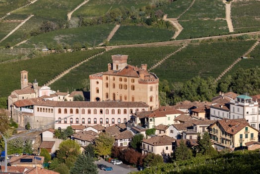 The town of Barolo, with the Falletti castle, surrounded by vineyards in Langhe region. Piedmont, Italy