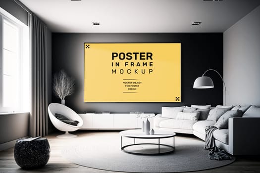 Modern room interior with mock-up photo frame on white walls. Black, gray and white furniture.