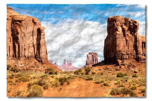Creative picture of Monument Valley in USA - scenic red landscape with blue sky