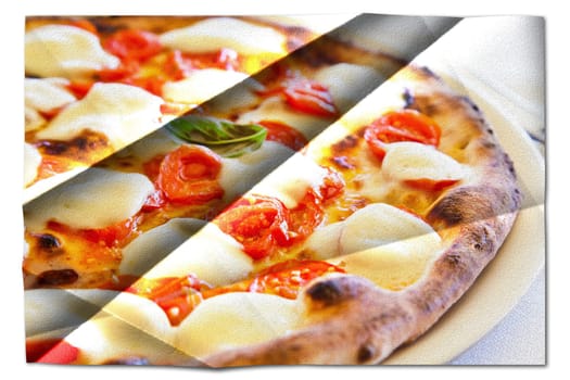 Creative picture of Pizza Margherita with Mozzarella cheese, basil and tomatoes