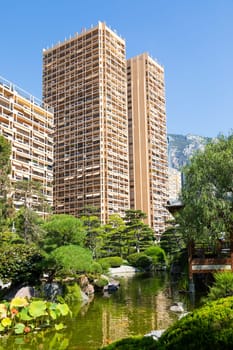 Monte Carlo - August 2022: Japanese garden with the city in the background