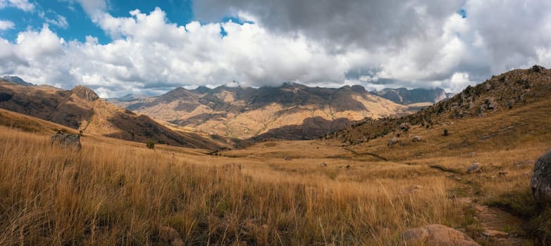 Andringitra national park, Haute Matsiatra region, Madagascar, beautiful mountain landscape. Hiking in Andringitra mountains. Sunny day with clear view. Madagascar wilderness landscape.