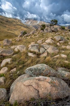 Andringitra national park, Haute Matsiatra region, Madagascar, beautiful mountain landscape. Hiking in Andringitra mountains. Sunny day with clear view. Madagascar wilderness landscape.