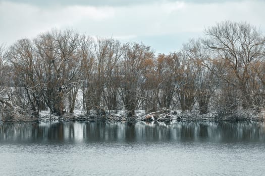 Winter landscape with frozen pond covered with snow. Central european countryside. Christmas winter concept