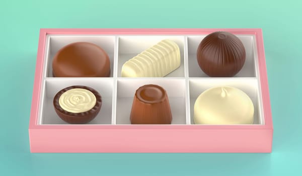 Pink box with assorted chocolate candies