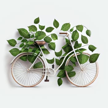 Bicycle covered with green leaf tendril, eco and environment concept, sustainable transport and travel, earth day, generative AI