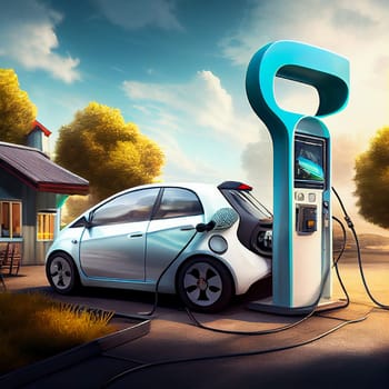 Electric car recharging the battery, eco power and environment, green sustainable energy, generative AI