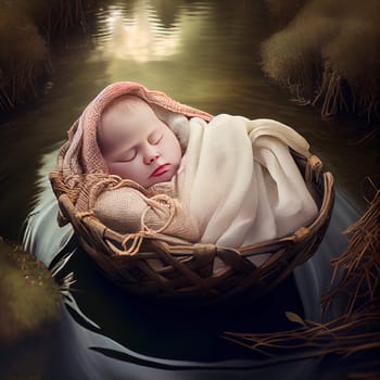 Baby Moses floating in a reed basket on the river Nile in Egypt, jewish and christian bible story, generative AI