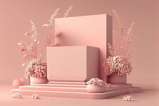 Podium platform 3d, pink pastel spring color, product display and showcase, promotion, generative AI