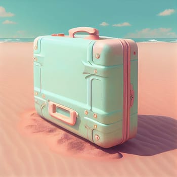 Suitcase on a caribbean beach, summer holiday feeling, pastel color, retro style, travel concept, generative AI