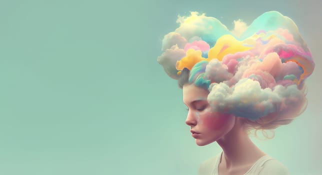 Portrait of a woman with pastel colored candy cloud hair, generative AI