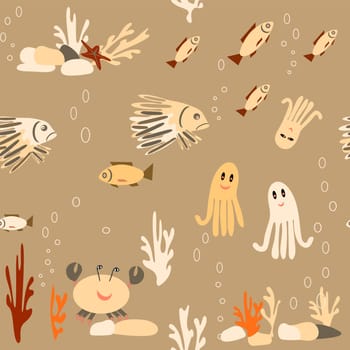 multicolored starfish and crabs on rocks seamless pattern without background