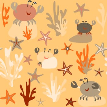 multicolored starfish and crabs on rocks seamless pattern without background