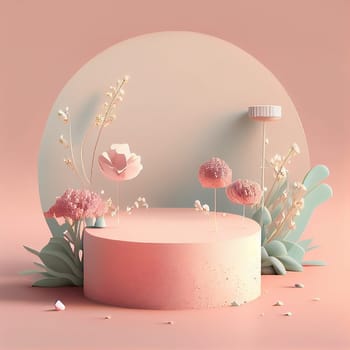 Podium platform 3d, pink pastel spring color, product display and showcase, promotion, generative AI