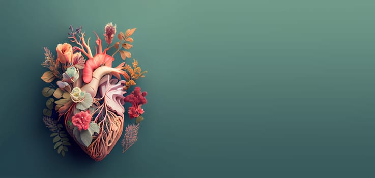 Human heart with flowers, love and emotion concept, good hearted person, help and charity, generative AI