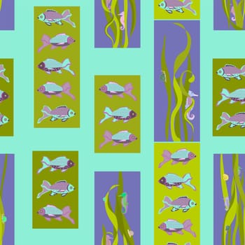 of colorful fish and seahorses in algae seamless pattern on a blue background