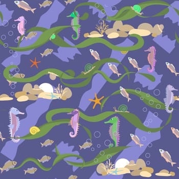 colorful seashells and seahorses seamless pattern without background