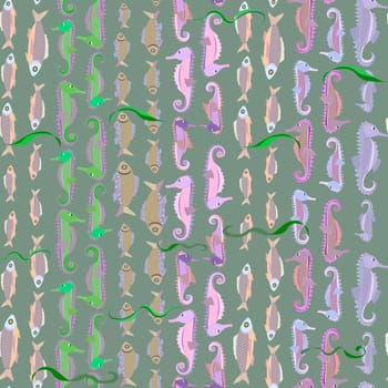 colorful fish and seahorses in algae seamless pattern without background