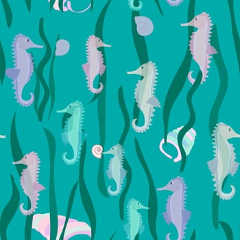 colorful seashells and seahorses seamless pattern without background
