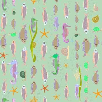 colorful seashells and seahorses seamless pattern without background