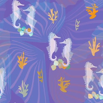 colorful seashells and seahorses seamless pattern without background