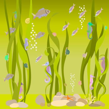 colorful seashells, seahorses, hiding in algae and fish on a postcard