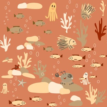 multicolored starfish and crabs on rocks seamless pattern without background