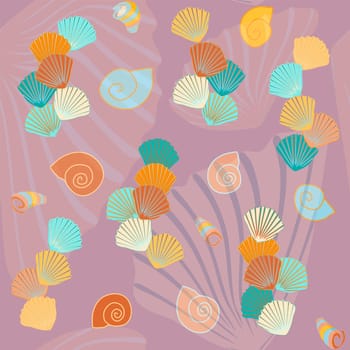 multicolored snails and starfish, shells seamless pattern without background
