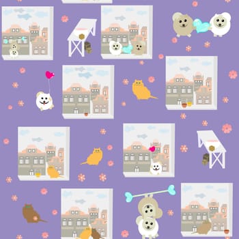 pattern children's drawing of puppies and kittens by the window