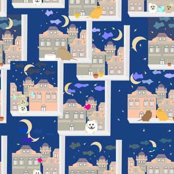 seamless pattern of windows with night sleeping city view