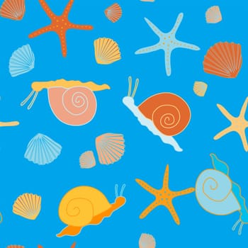 multicolored snails and starfish, shells seamless pattern without background