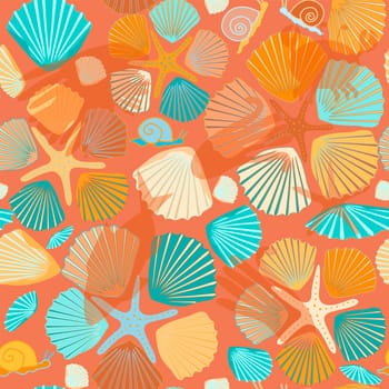 multicolored snails and starfish, shells seamless pattern without background