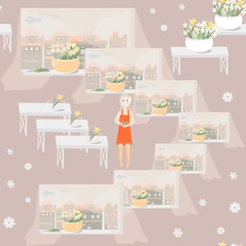 girl with a bird at the window seamless pattern