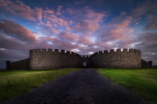 Ruins of Downhill Demesne with dramatic, moody sunset, back view, National Trust, Castlerock, County Antrim, Northern Ireland