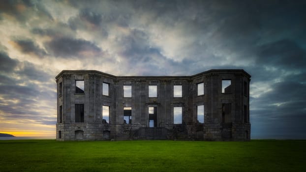Ruins of Downhill Demesne with dramatic, moody sunset, front view, National Trust, Castlerock, County Antrim, Northern Ireland