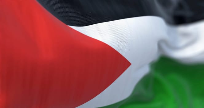 Detail of the Palestine national flag waving. Three stripes (black, white, green) with red triangle on left. 3d illustration render. Selective focus. Close-up. Textured fabric background