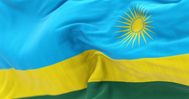 Detail of the Rwanda national flag waving. 3 horizontal bands: blue, yellow, green with 24 rays yellow sun. 3d illustration render. Selective focus. Close-up. Textured fabric background