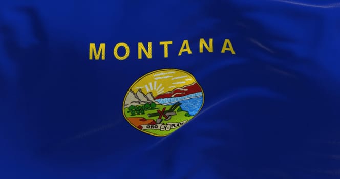 Close-up of Montana state flag waving. Blue flag with coat of arms in the center. 3d illustration render. Close-up. Textured fabric background