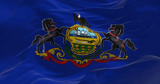 Close-up of the Pennsylvania state flag waving in the wind. Blue flag with Pennsylvania coat of arms in the center. 3d illustration render. Close-up. Textured fabric background