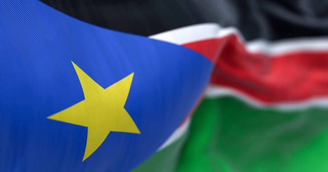 Detail of the South Sudan flag waving. Flag with black, red and green stripes and a gold star on a blue triangle. 3d illustration render. Selective focus. Close-up. Textured background