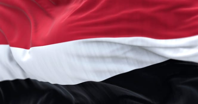 Close-up view of the Yemen national flag waving. Striped flag, red, white, and black. 3d illustration render. Selective focus. Close-up. Textured fabric background