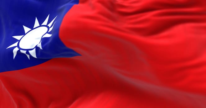 Detail of the Taiwan flag waving. Red flag with white sun with 12 rays on blue rectangle. 3d illustration render. Selective focus. Close-up. Textured background