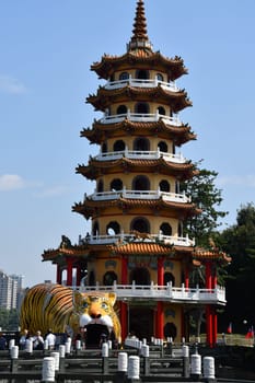 Vertical shot of the tiger decoration on a temple at Lotus Pond in Kaohsiung, Taiwan