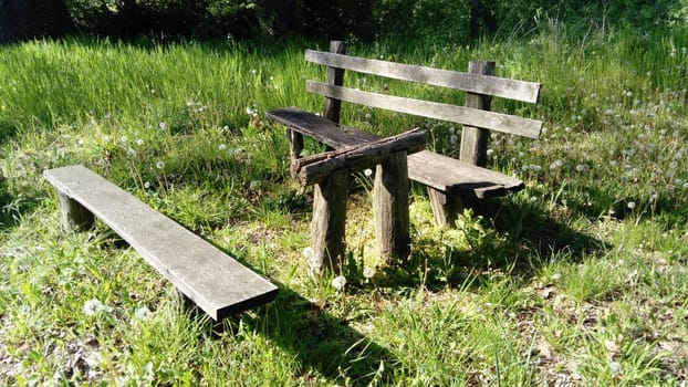 Wooden picnic table and bench in a forest or park.