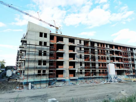 Sremska Mitrovica, Serbia, October 18, 2020 Construction of a quarter of five-story houses made of monolithic concrete for police officers and military professions. Industry, construction, real estate