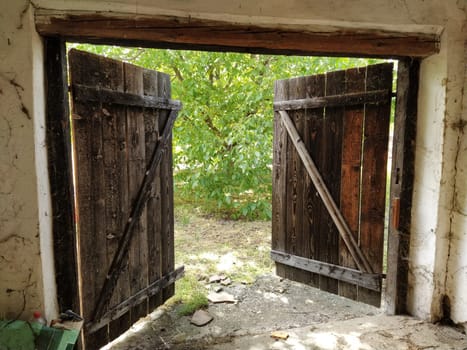 Beautiful old wooden open door. Inside view of the room. Crib doors, stall for livestock or garage. Wooden beams and doorway. Summer greens from the door.
